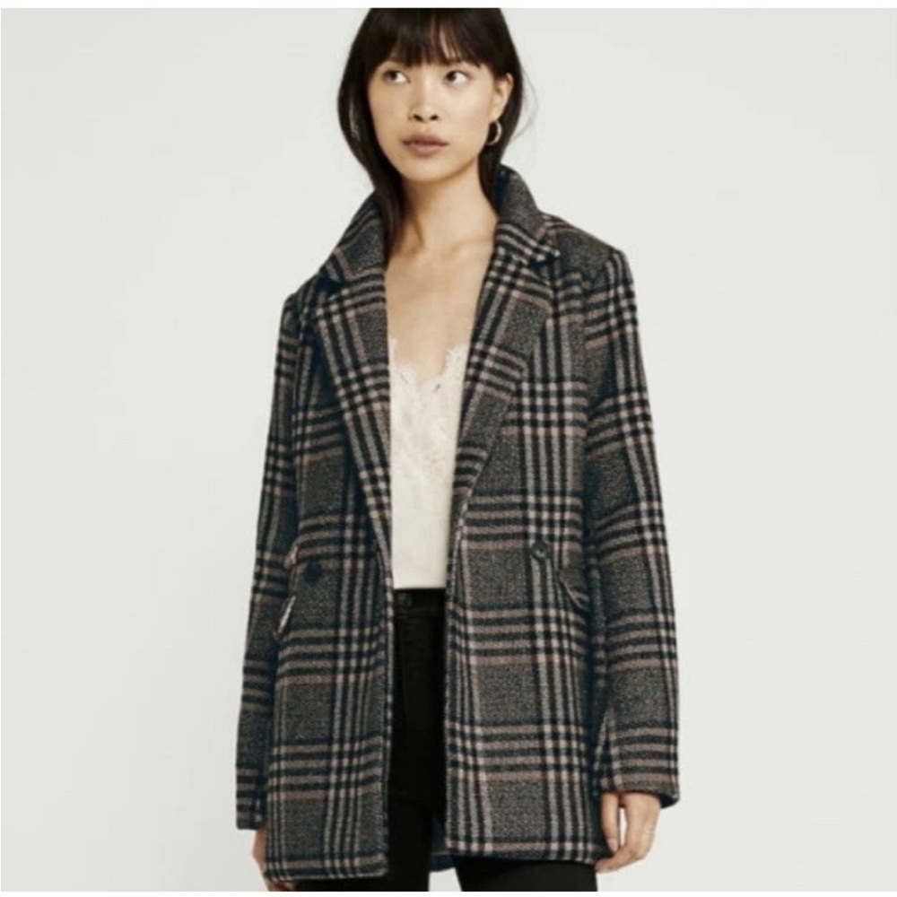 Abercrombie & Fitch Black and Cream Plaid Pea Coat